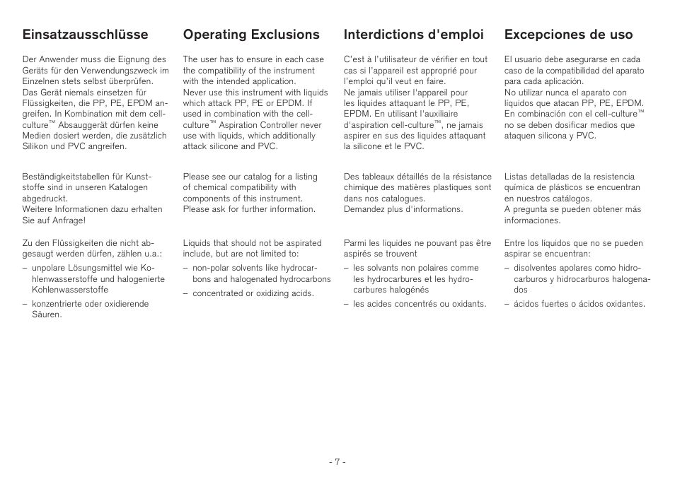 Einsatzausschlüsse, Operating exclusions, Interdictions d'emploi | Excepciones de uso | BrandTech Scientific QuikSip BT-Aspirator User Manual | Page 7 / 28