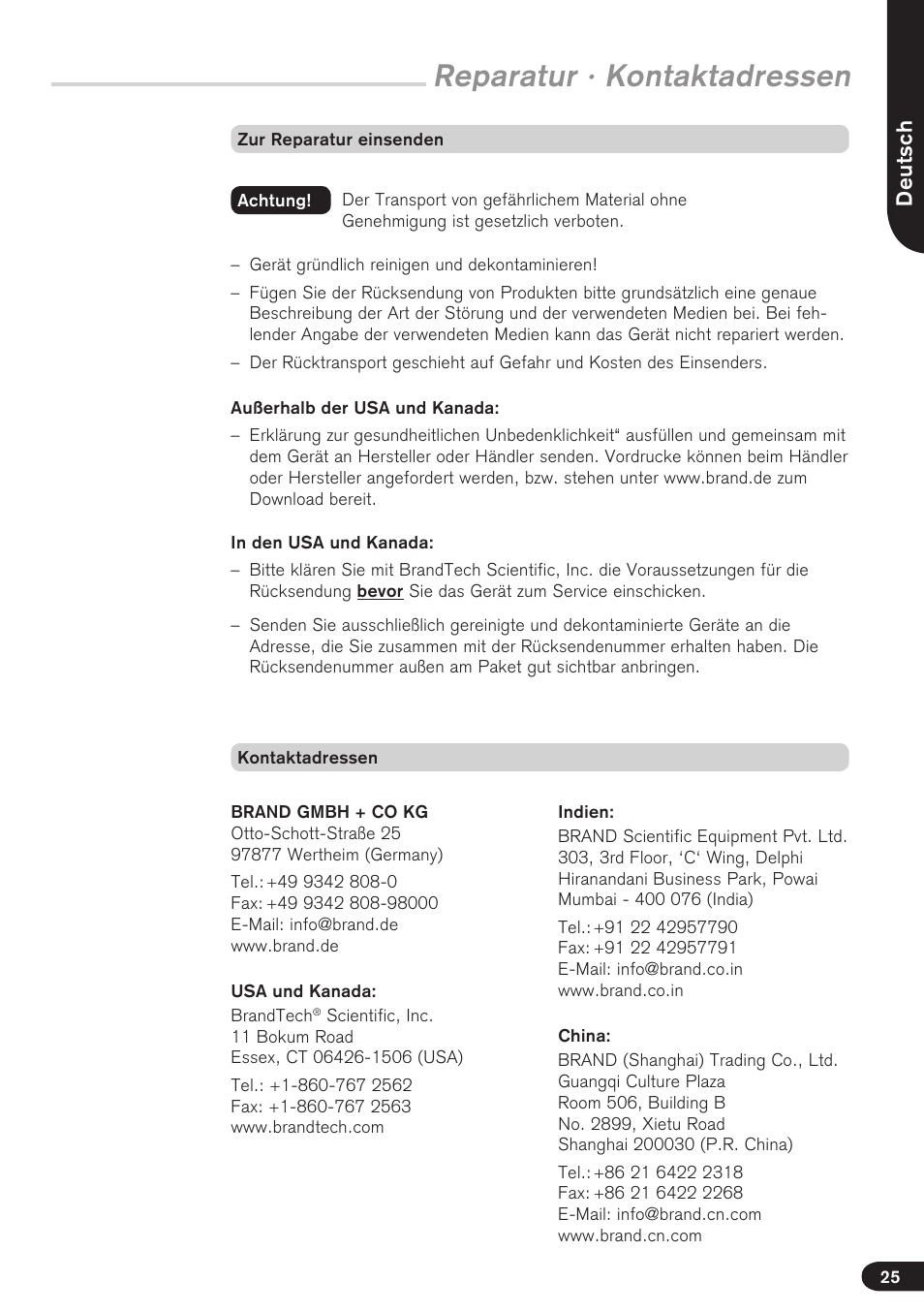 Reparatur · kontaktadressen, Deutsch | BrandTech Scientific seripettor User Manual | Page 25 / 124