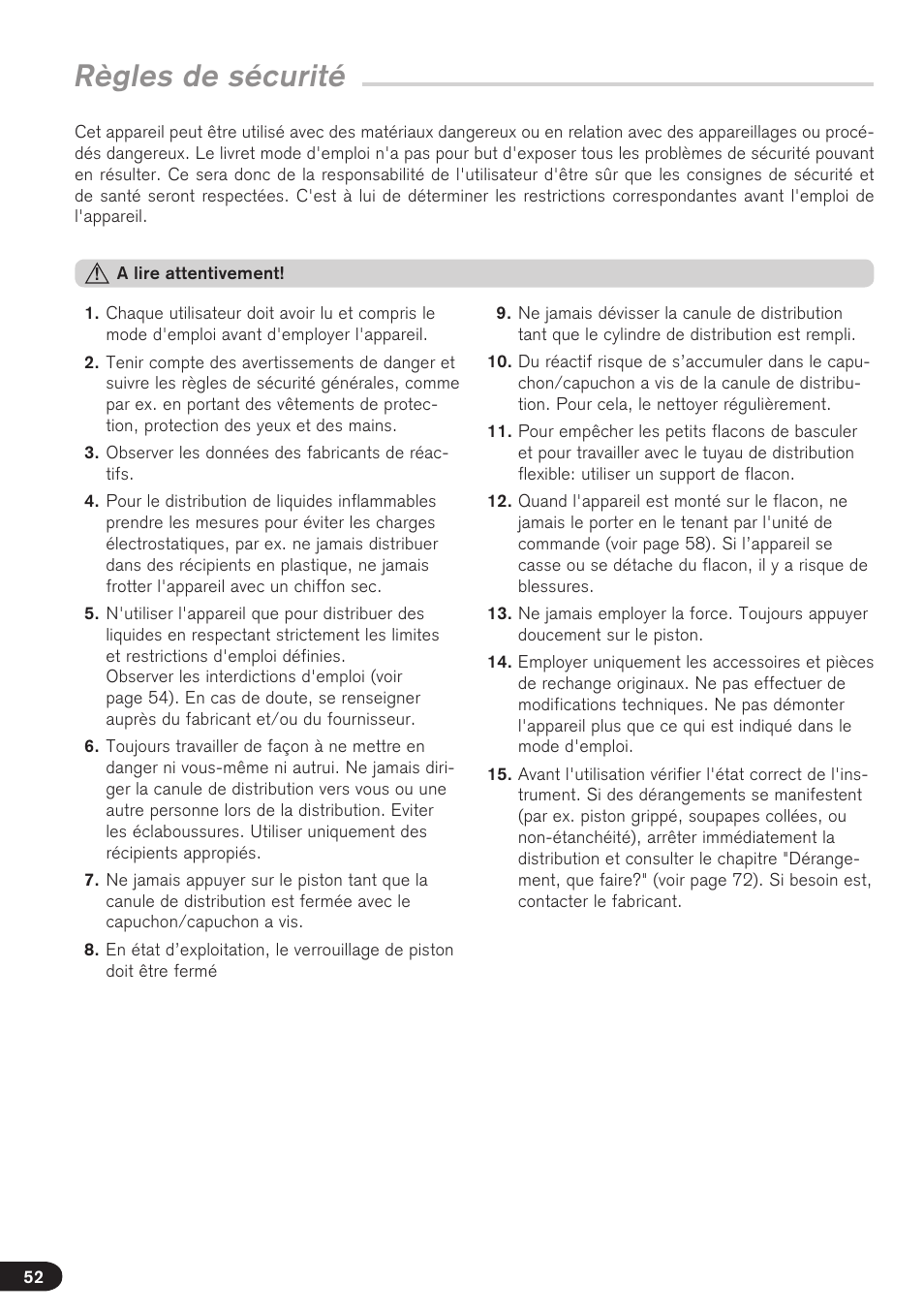 Règles de sécurité | BrandTech Scientific seripettor User Manual | Page 52 / 124