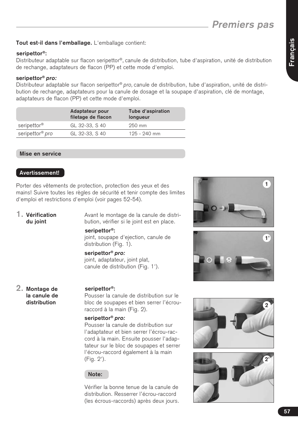 Premiers pas, Français | BrandTech Scientific seripettor User Manual | Page 57 / 124