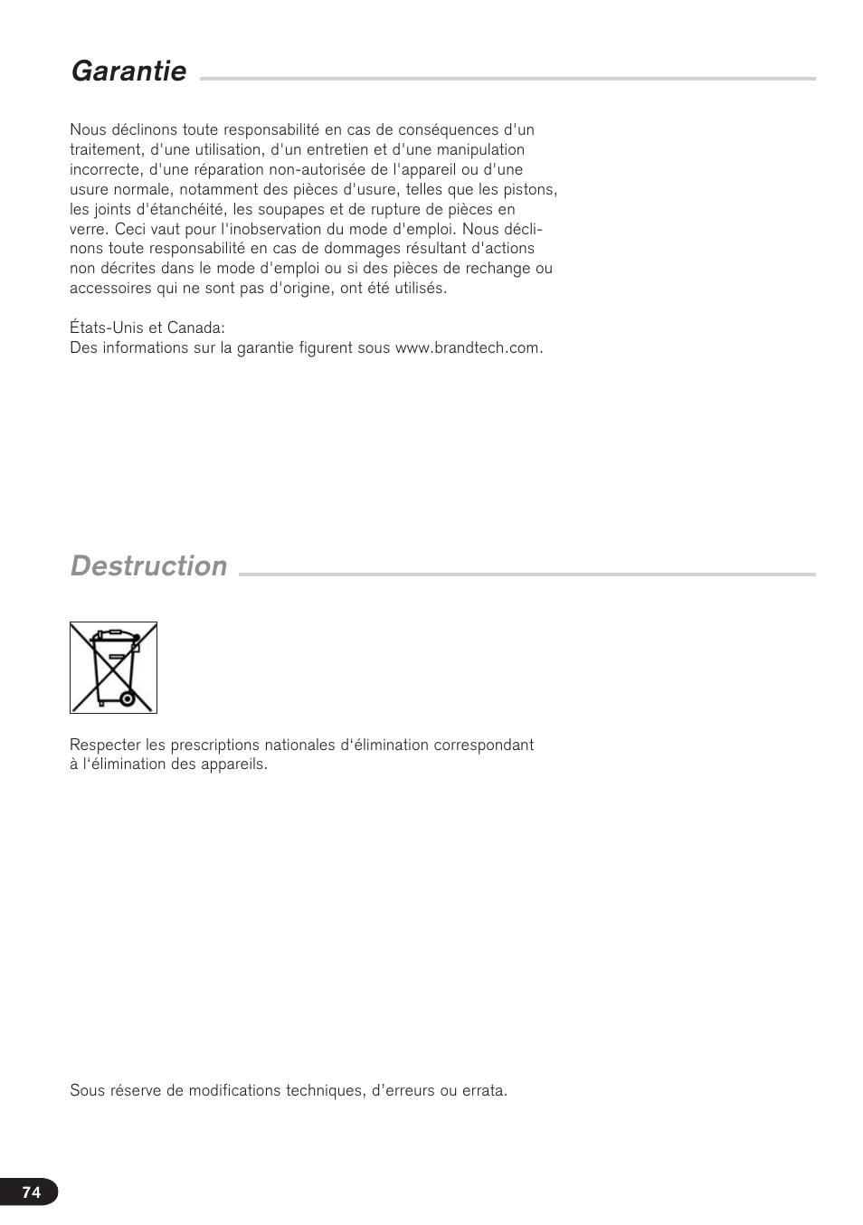 Destruction garantie | BrandTech Scientific seripettor User Manual | Page 74 / 124