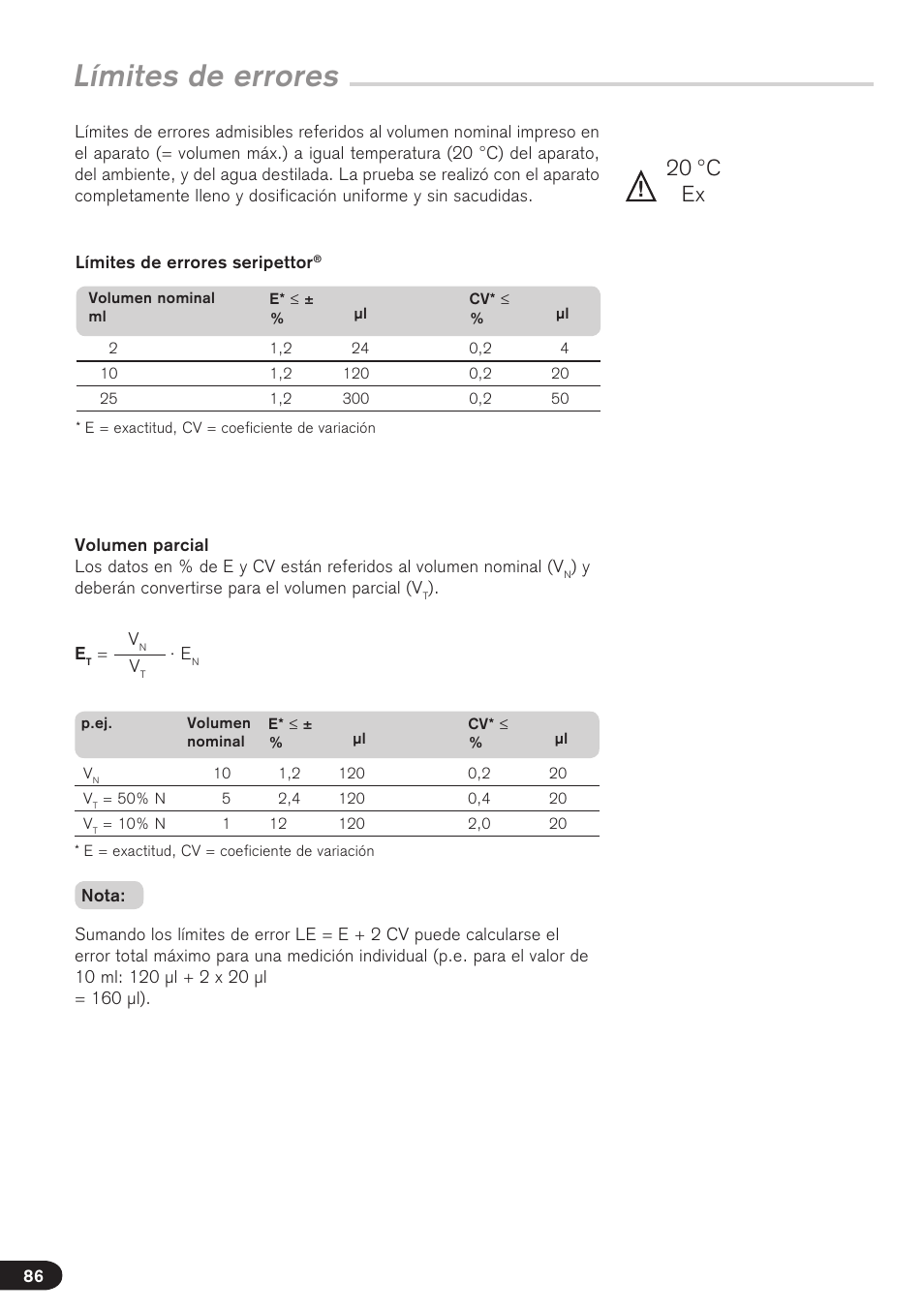 Límites de errores, 20 °c ex | BrandTech Scientific seripettor User Manual | Page 86 / 124