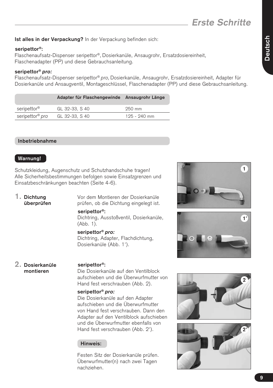 Erste schritte, Deutsch | BrandTech Scientific seripettor User Manual | Page 9 / 124