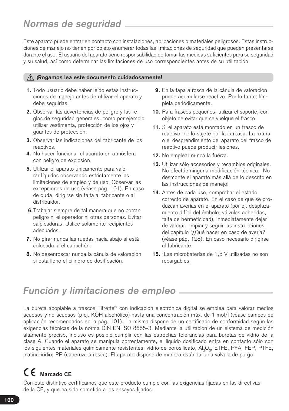 Normas de seguridad, Función y limitaciones de empleo | BrandTech Scientific Titrette User Manual | Page 100 / 164