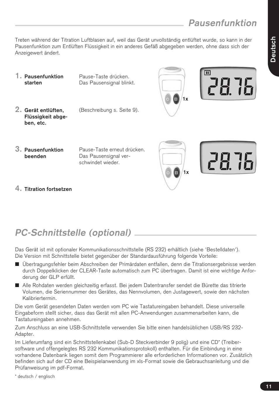 Pausenfunktion, Pc-schnittstelle (optional) | BrandTech Scientific Titrette User Manual | Page 11 / 164