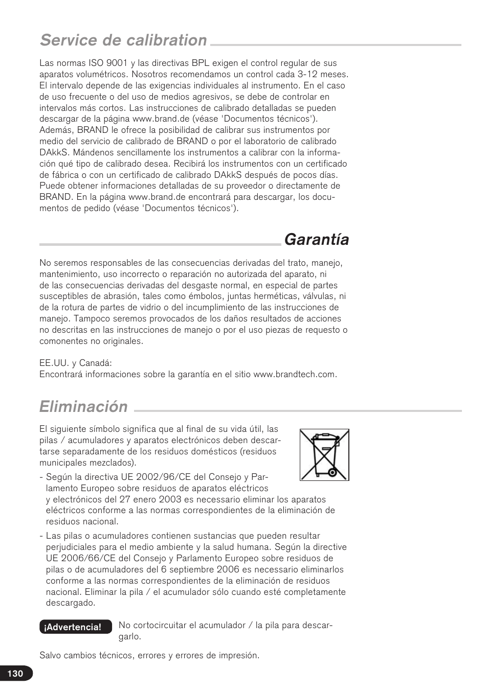 Eliminación, Service de calibration, Garantía | BrandTech Scientific Titrette User Manual | Page 130 / 164