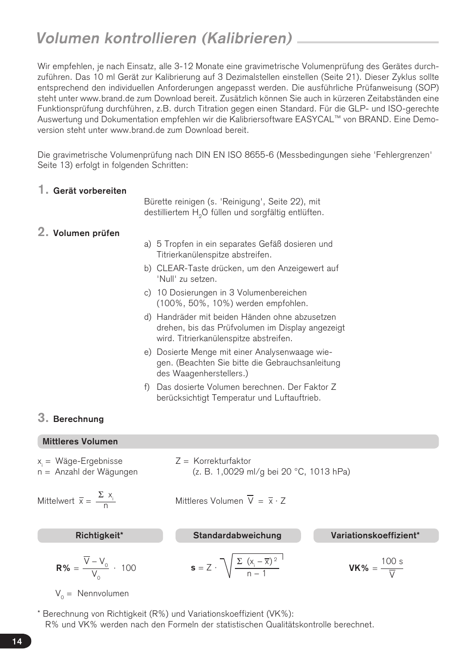 Volumen kontrollieren (kalibrieren) | BrandTech Scientific Titrette User Manual | Page 14 / 164
