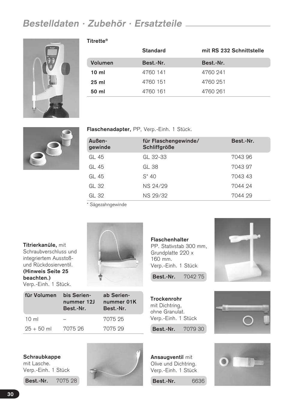 Bestelldaten · zubehör · ersatzteile | BrandTech Scientific Titrette User Manual | Page 30 / 164