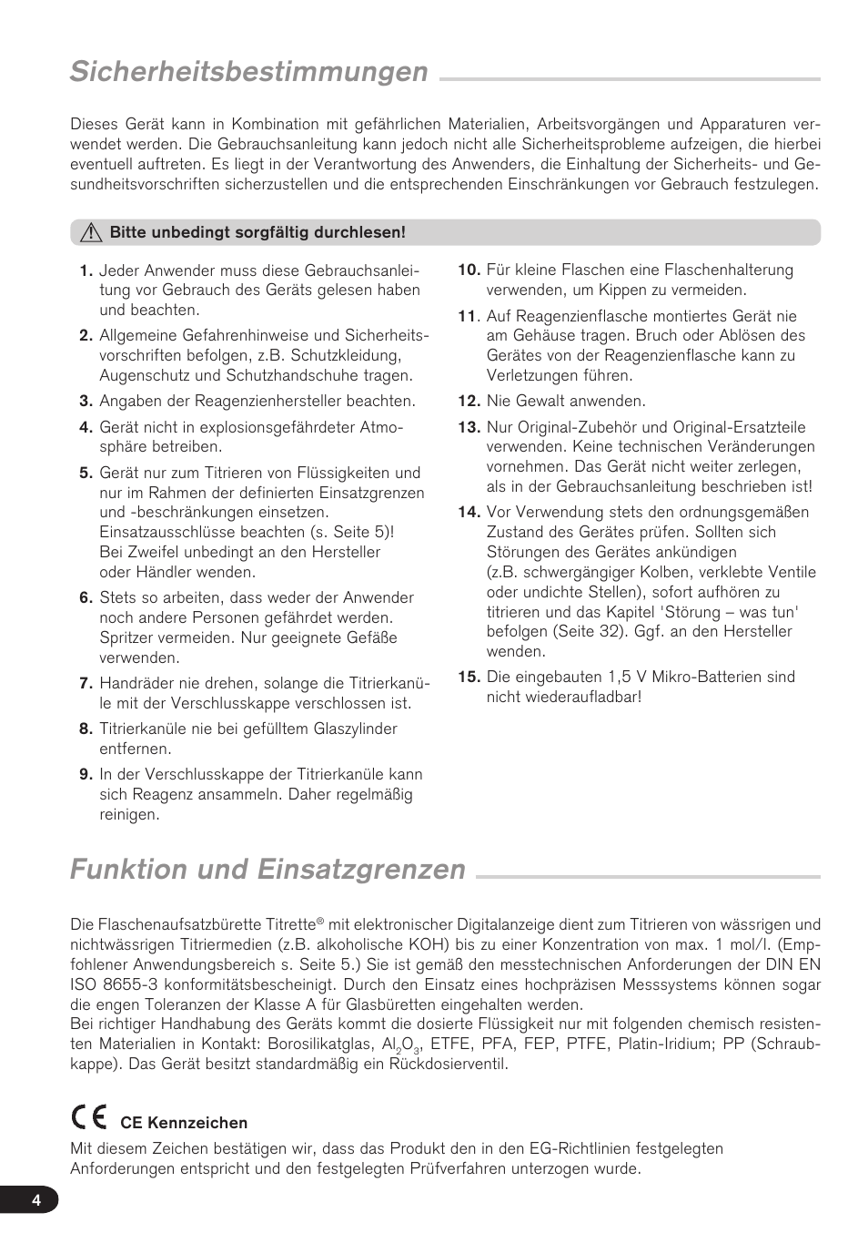 Sicherheitsbestimmungen, Funktion und einsatzgrenzen | BrandTech Scientific Titrette User Manual | Page 4 / 164
