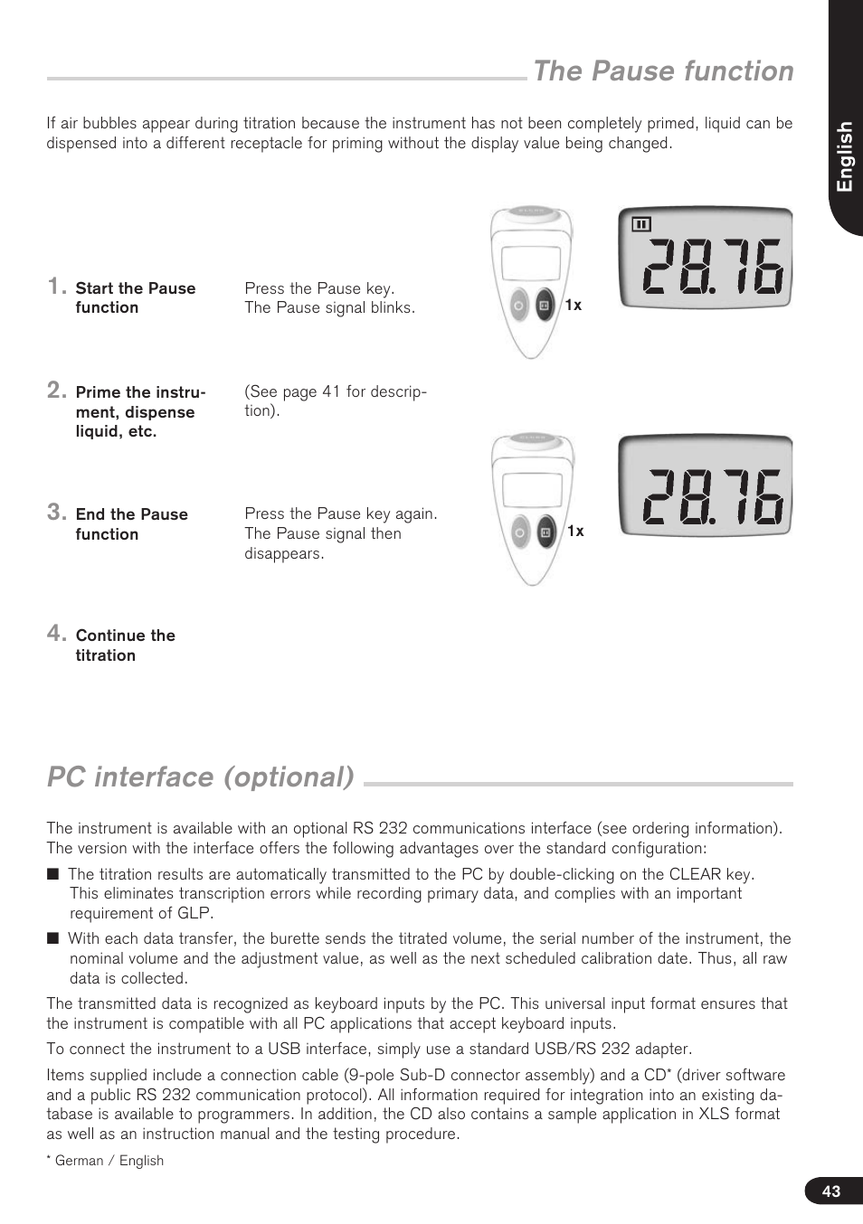 The pause function, Pc interface (optional) | BrandTech Scientific Titrette User Manual | Page 43 / 164