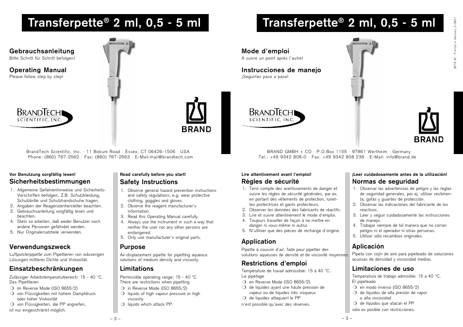 BrandTech Scientific Transferpette 0,5 - 5 ml User Manual | 10 pages