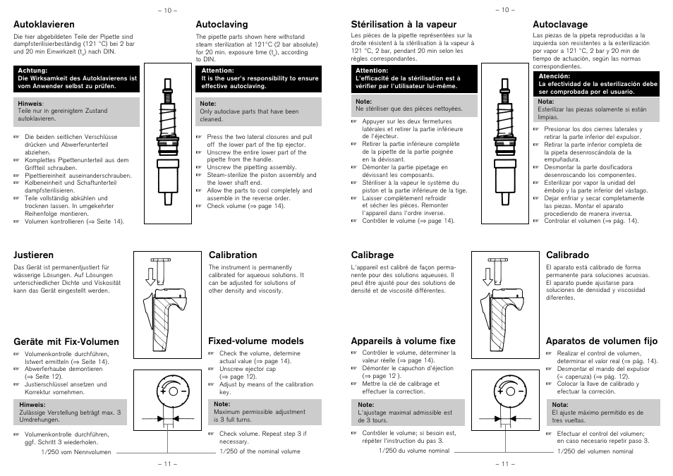 Fixed-volume models, Aparatos de volumen fijo, Autoclavage | Appareils à volume fixe, Autoklavieren, Autoclaving, Justieren, Calibration, Stérilisation à la vapeur, Calibrado | BrandTech Scientific Transferpette 0,5 - 5 ml User Manual | Page 5 / 10