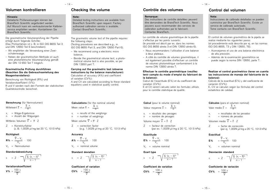 Volumen kontrollieren control del volumen, Checking the volume contrôle des volumes | BrandTech Scientific Transferpette 0,5 - 5 ml User Manual | Page 7 / 10