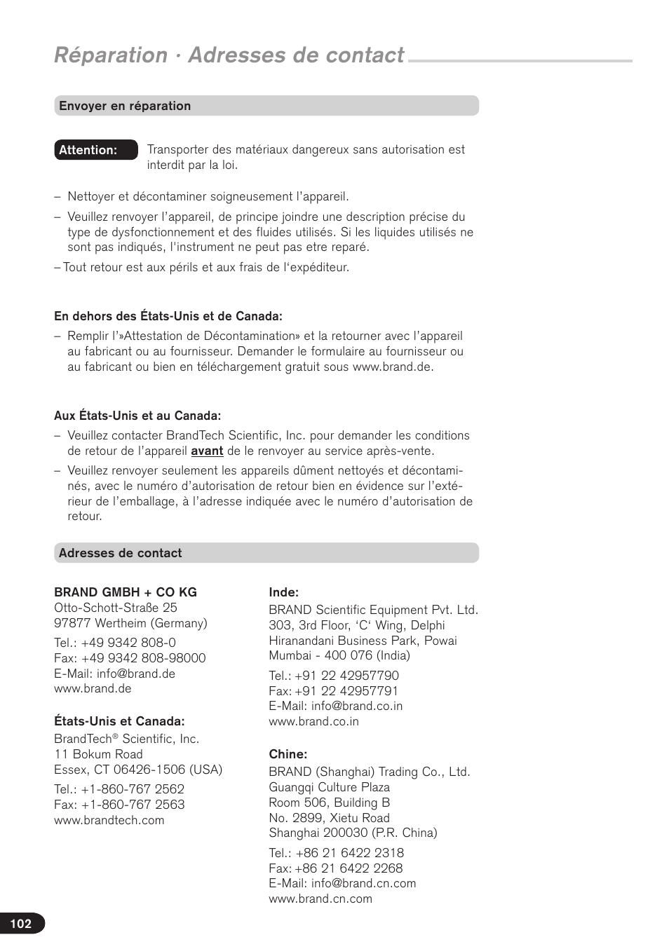 Réparation · adresses de contact | BrandTech Scientific Transferpette electronic User Manual | Page 102 / 175