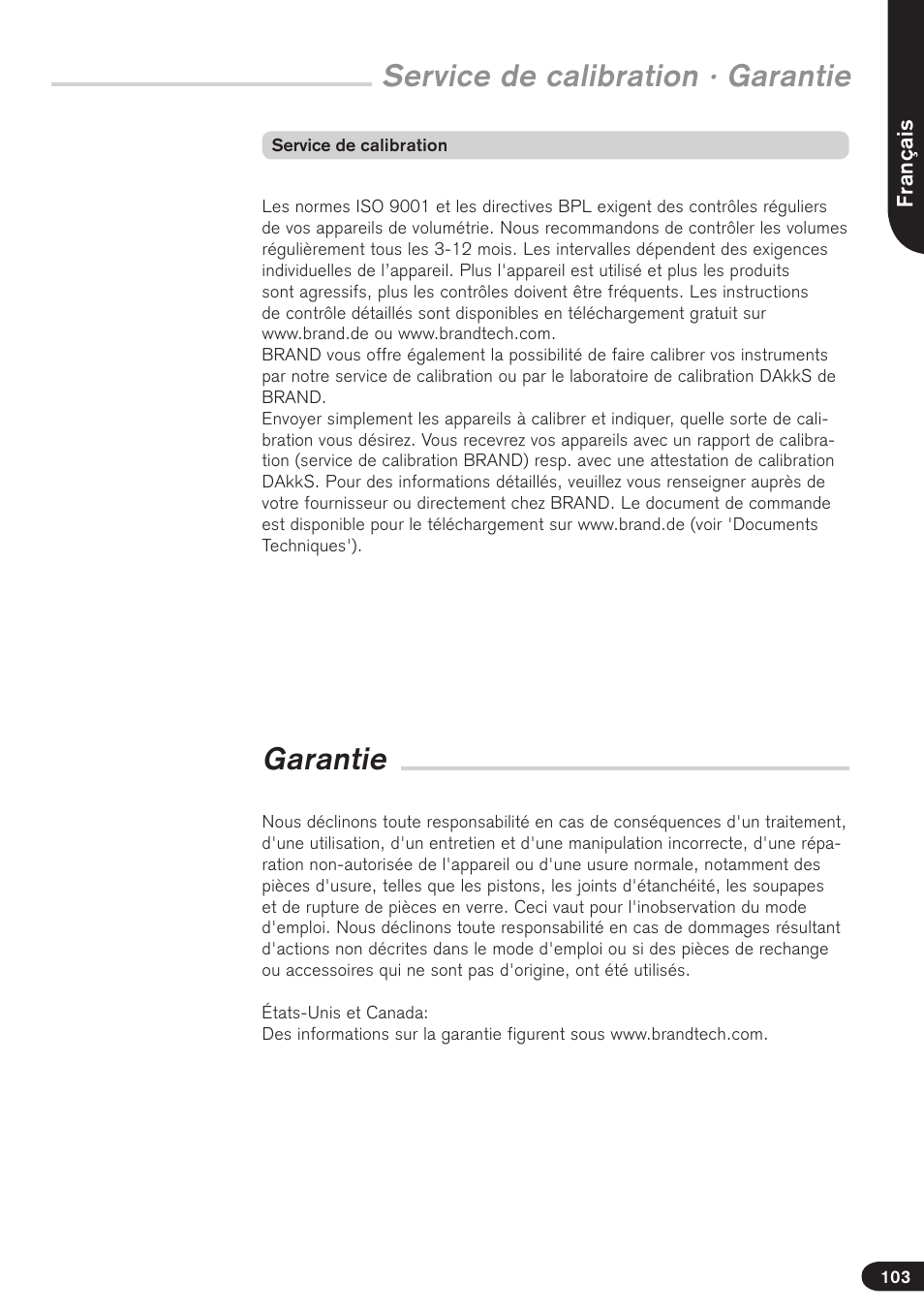 Garantie, Service de calibration · garantie | BrandTech Scientific Transferpette electronic User Manual | Page 103 / 175