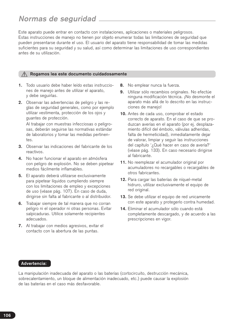 Normas de seguridad | BrandTech Scientific Transferpette electronic User Manual | Page 106 / 175