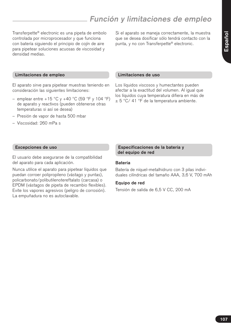 Función y limitaciones de empleo, Español | BrandTech Scientific Transferpette electronic User Manual | Page 107 / 175