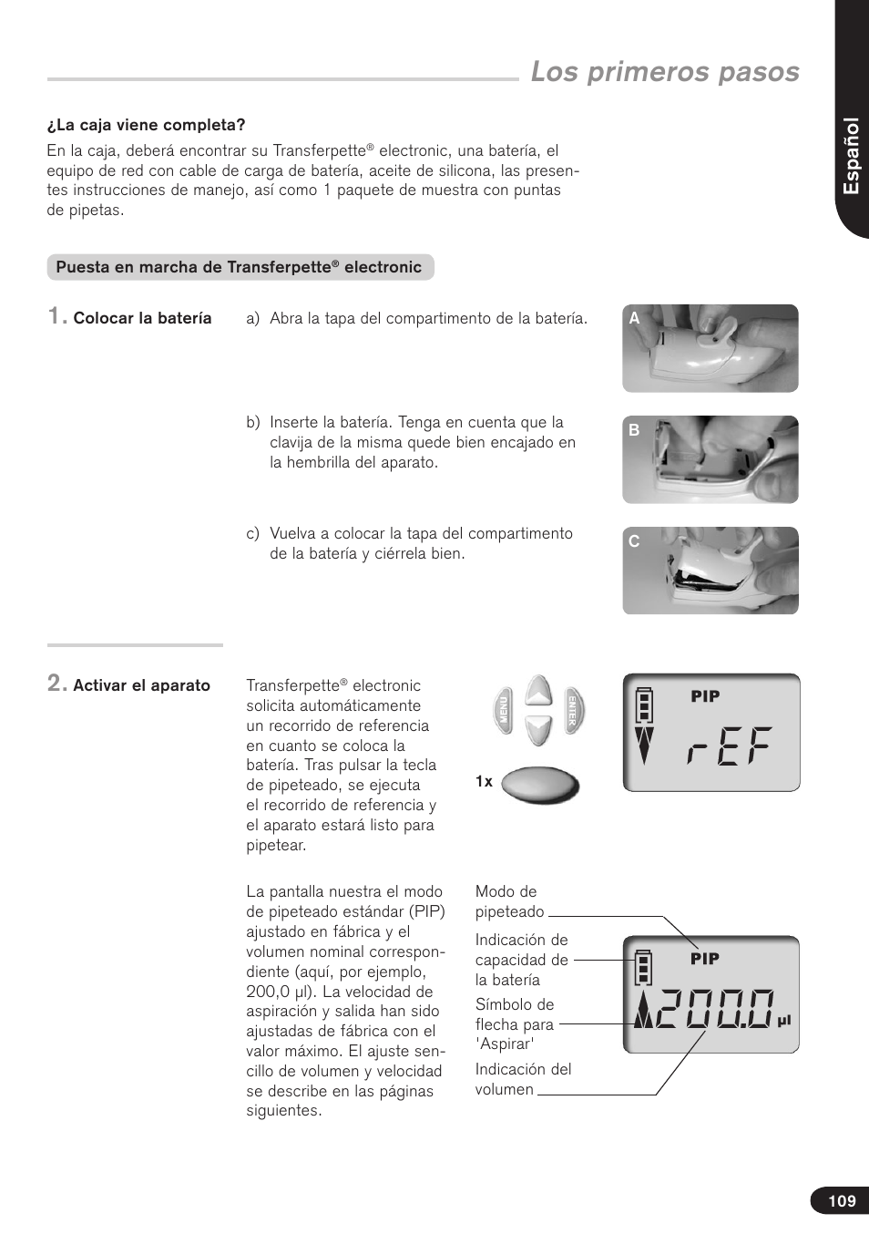 Los primeros pasos, Español | BrandTech Scientific Transferpette electronic User Manual | Page 109 / 175