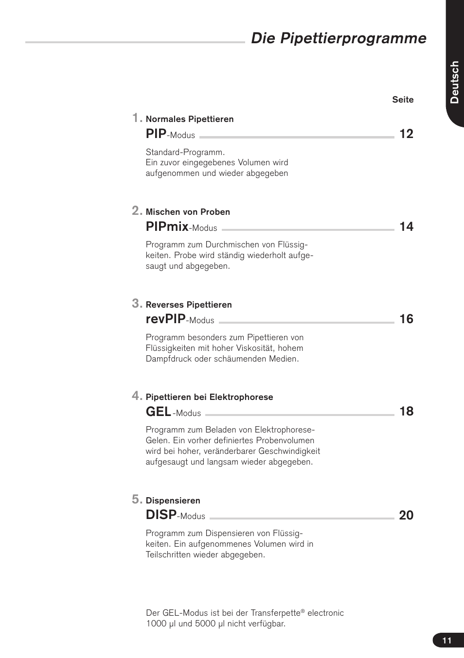 Die pipettierprogramme, Pipmix, Revpip | Disp | BrandTech Scientific Transferpette electronic User Manual | Page 11 / 175