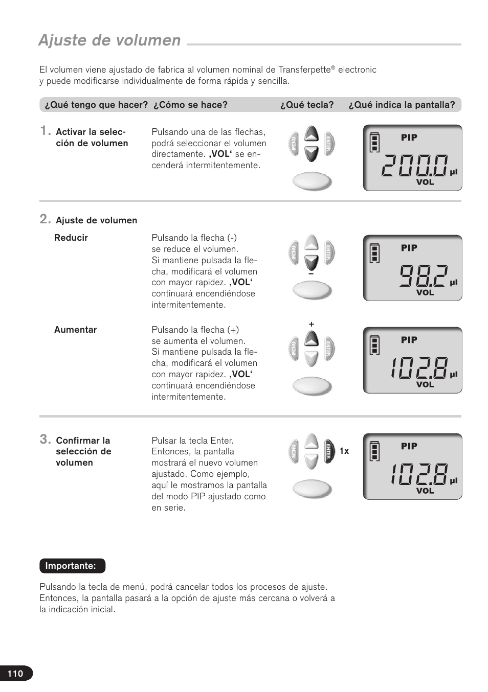 Ajuste de volumen | BrandTech Scientific Transferpette electronic User Manual | Page 110 / 175