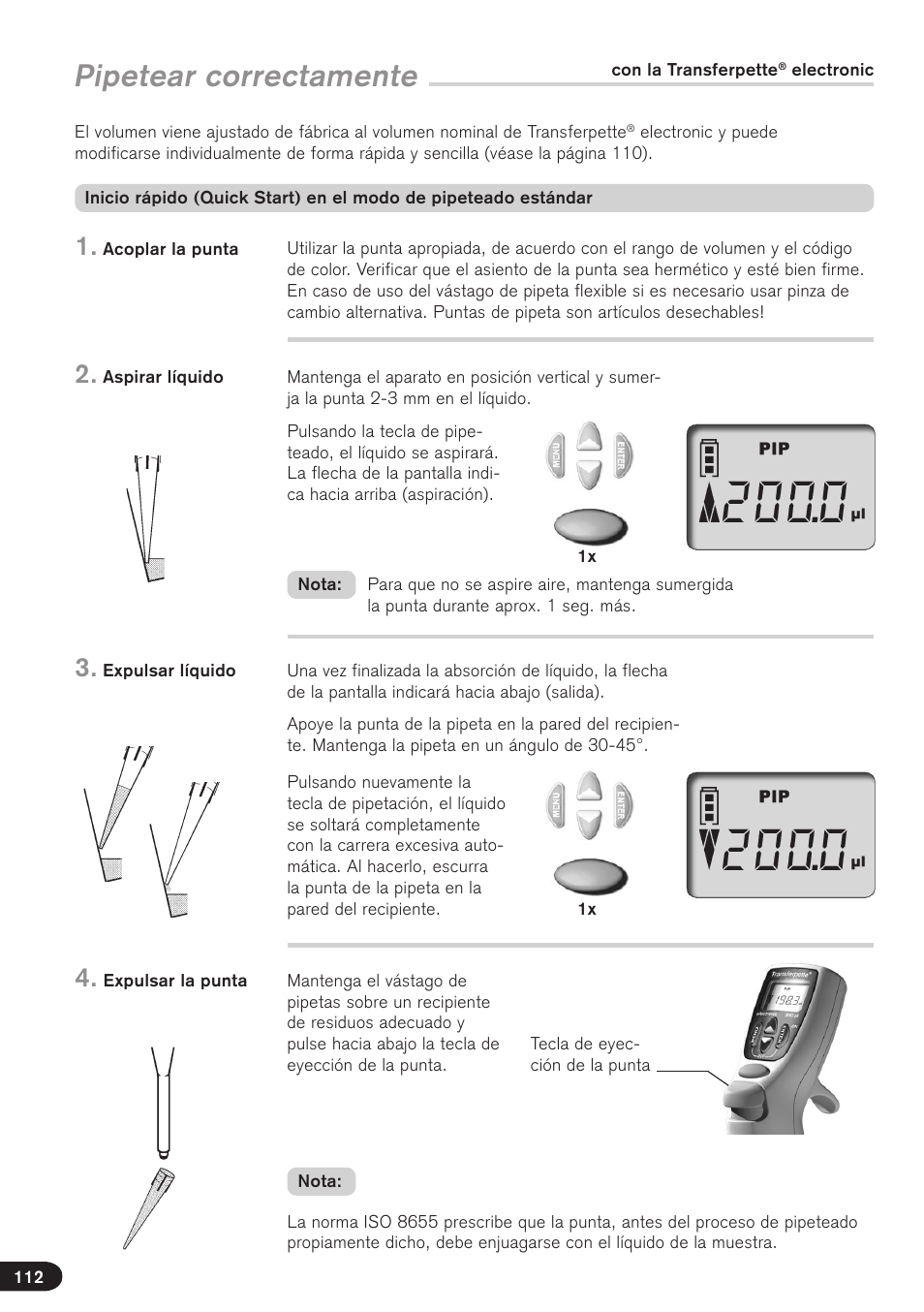 Pipetear correctamente | BrandTech Scientific Transferpette electronic User Manual | Page 112 / 175