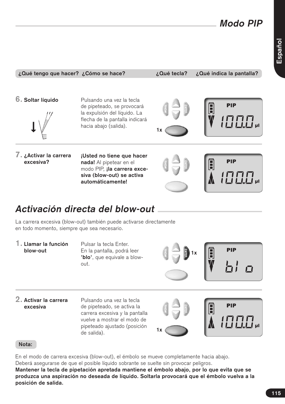 Activación directa del blow-out, Modo pip | BrandTech Scientific Transferpette electronic User Manual | Page 115 / 175