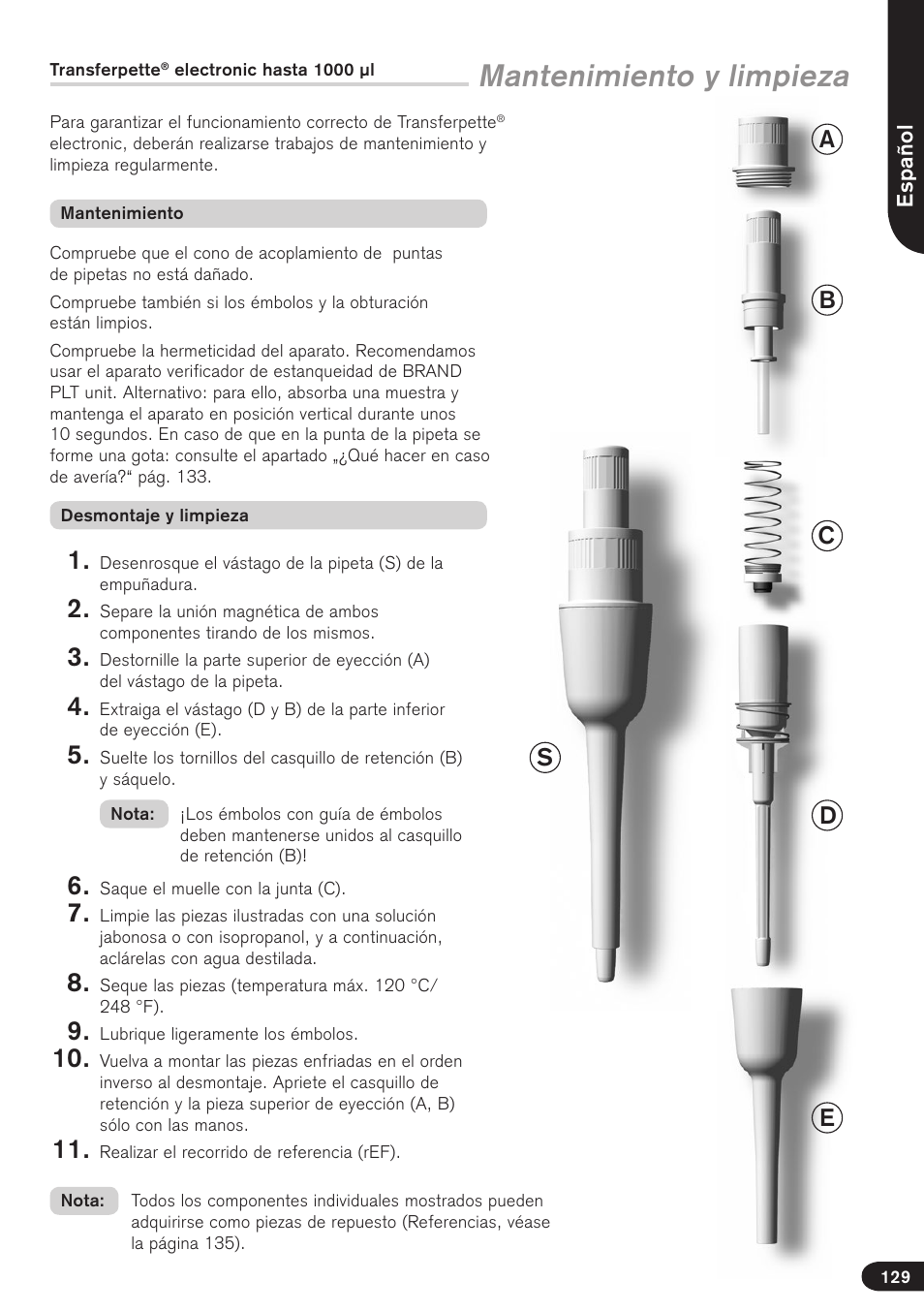 Mantenimiento y limpieza | BrandTech Scientific Transferpette electronic User Manual | Page 129 / 175