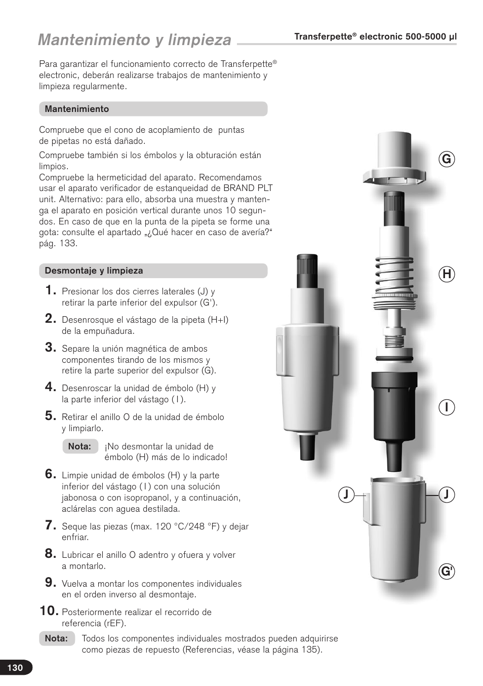 Mantenimiento y limpieza, Gh i j g' j | BrandTech Scientific Transferpette electronic User Manual | Page 130 / 175