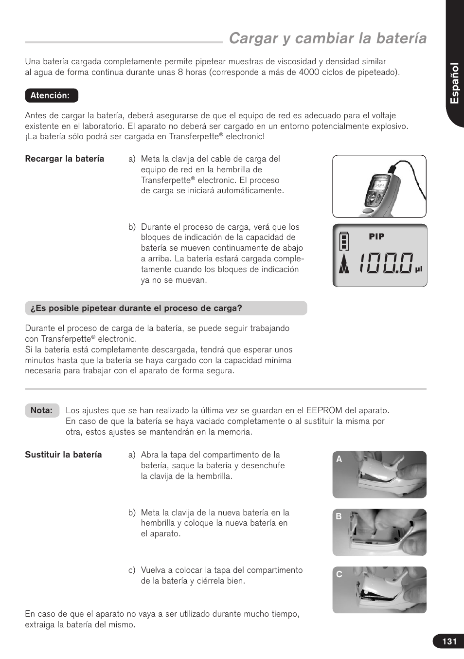 Cargar y cambiar la batería, Español | BrandTech Scientific Transferpette electronic User Manual | Page 131 / 175