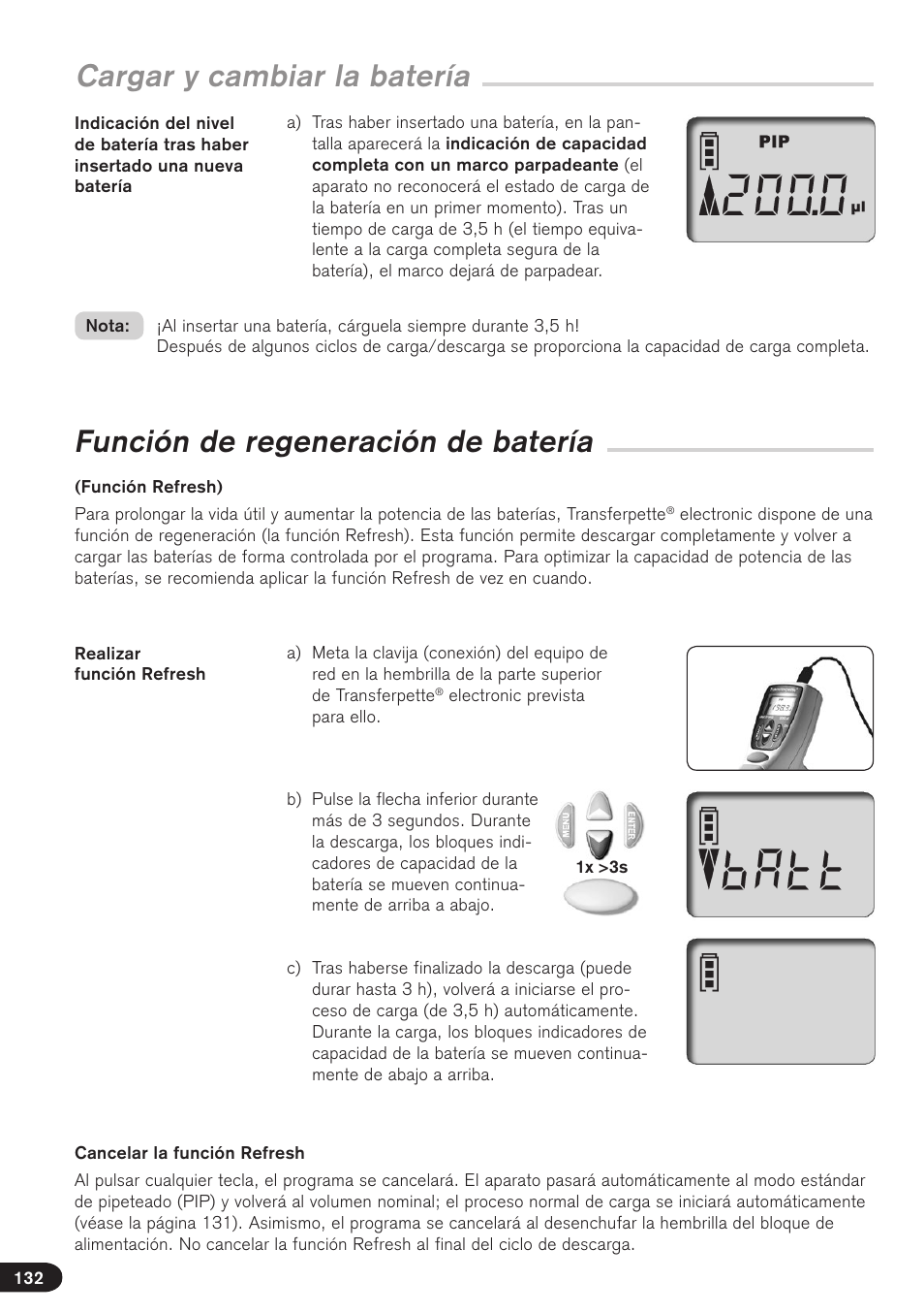 Cargar y cambiar la batería, Función de regeneración de batería | BrandTech Scientific Transferpette electronic User Manual | Page 132 / 175