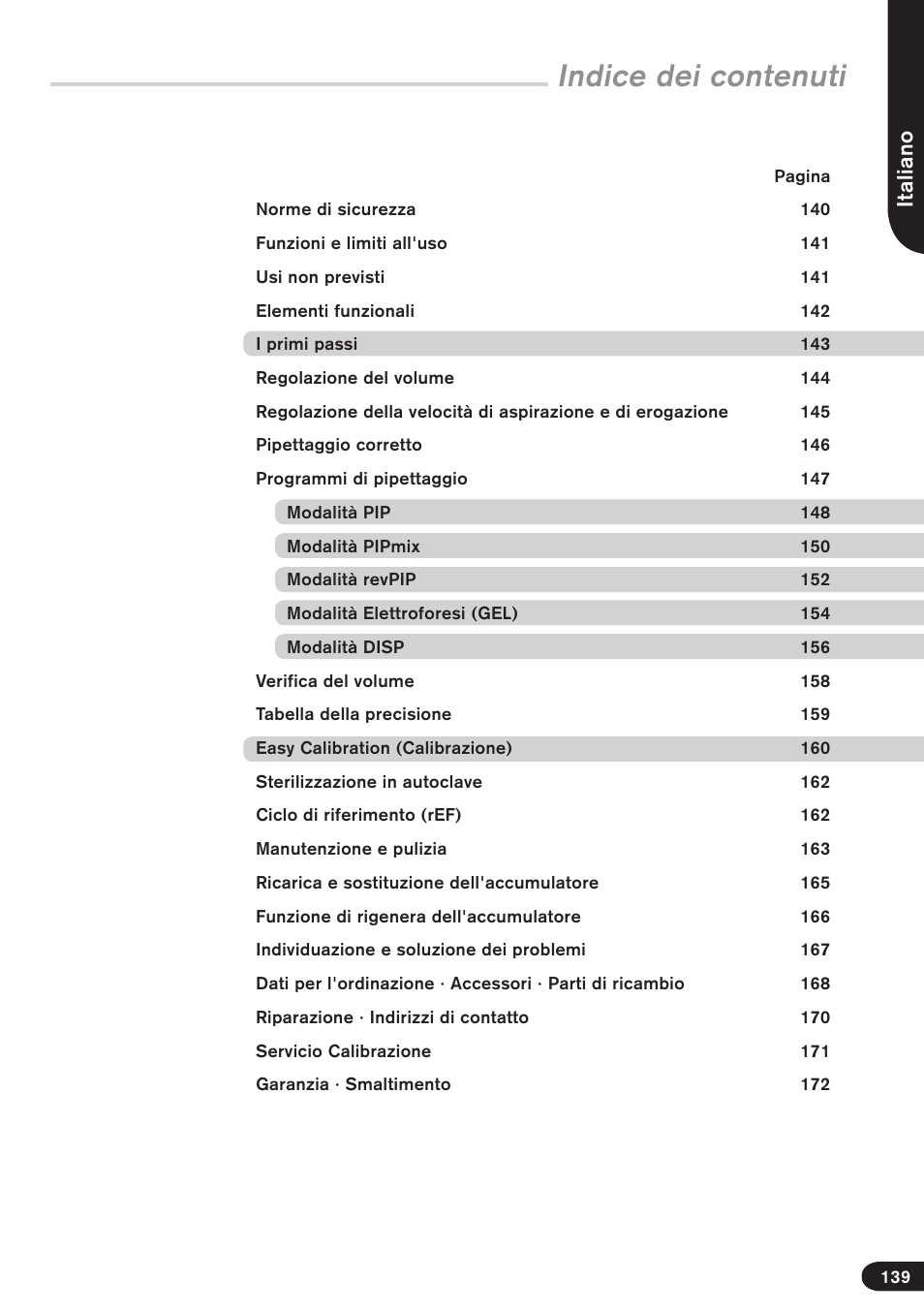 Indice dei contenuti, Italiano | BrandTech Scientific Transferpette electronic User Manual | Page 139 / 175