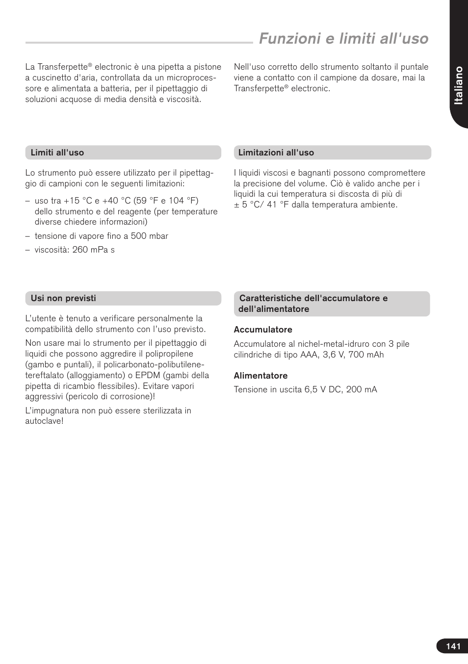 Funzioni e limiti all'uso, Italiano | BrandTech Scientific Transferpette electronic User Manual | Page 141 / 175