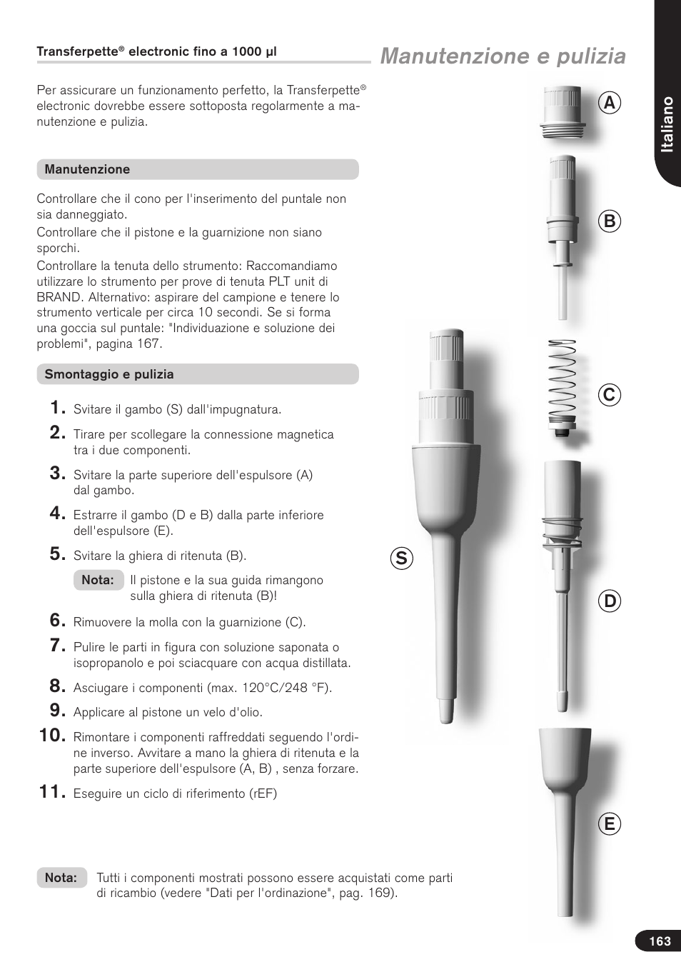 Manutenzione e pulizia | BrandTech Scientific Transferpette electronic User Manual | Page 163 / 175