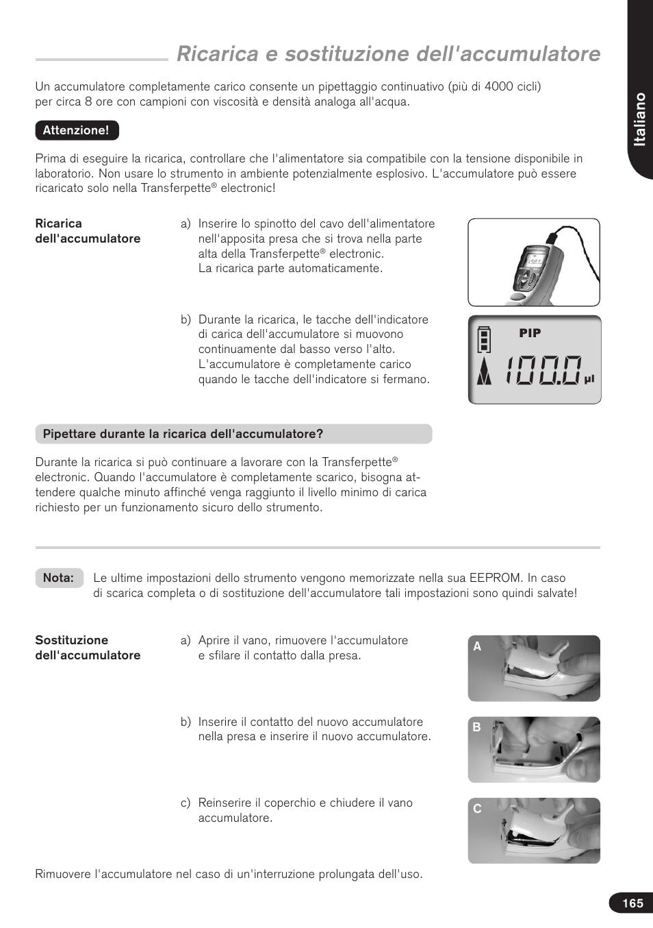 Ricarica e sostituzione dell'accumulatore, Italiano | BrandTech Scientific Transferpette electronic User Manual | Page 165 / 175