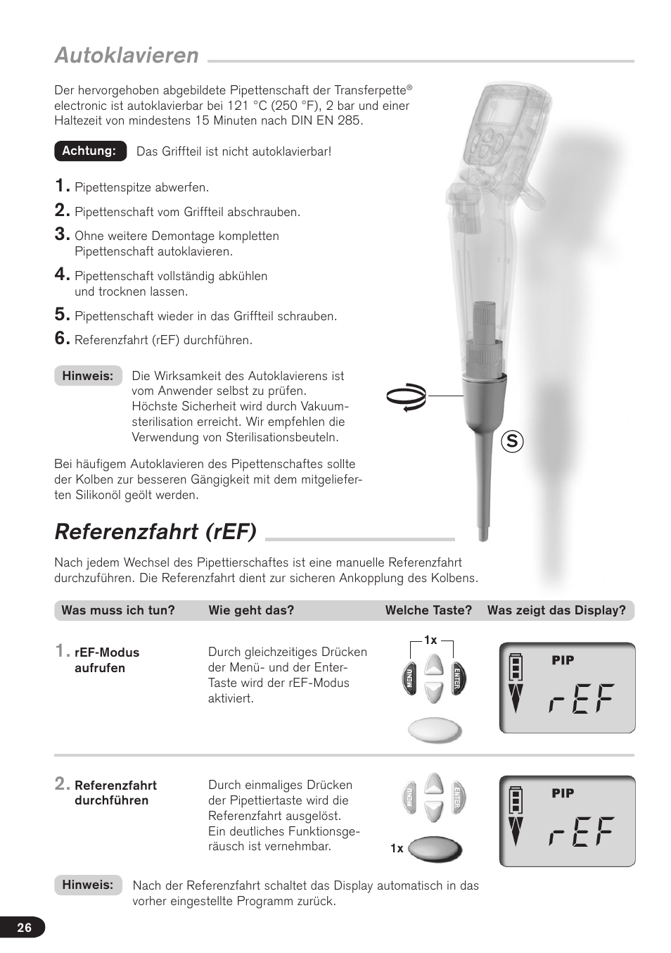 Autoklavieren, Referenzfahrt (ref) | BrandTech Scientific Transferpette electronic User Manual | Page 26 / 175