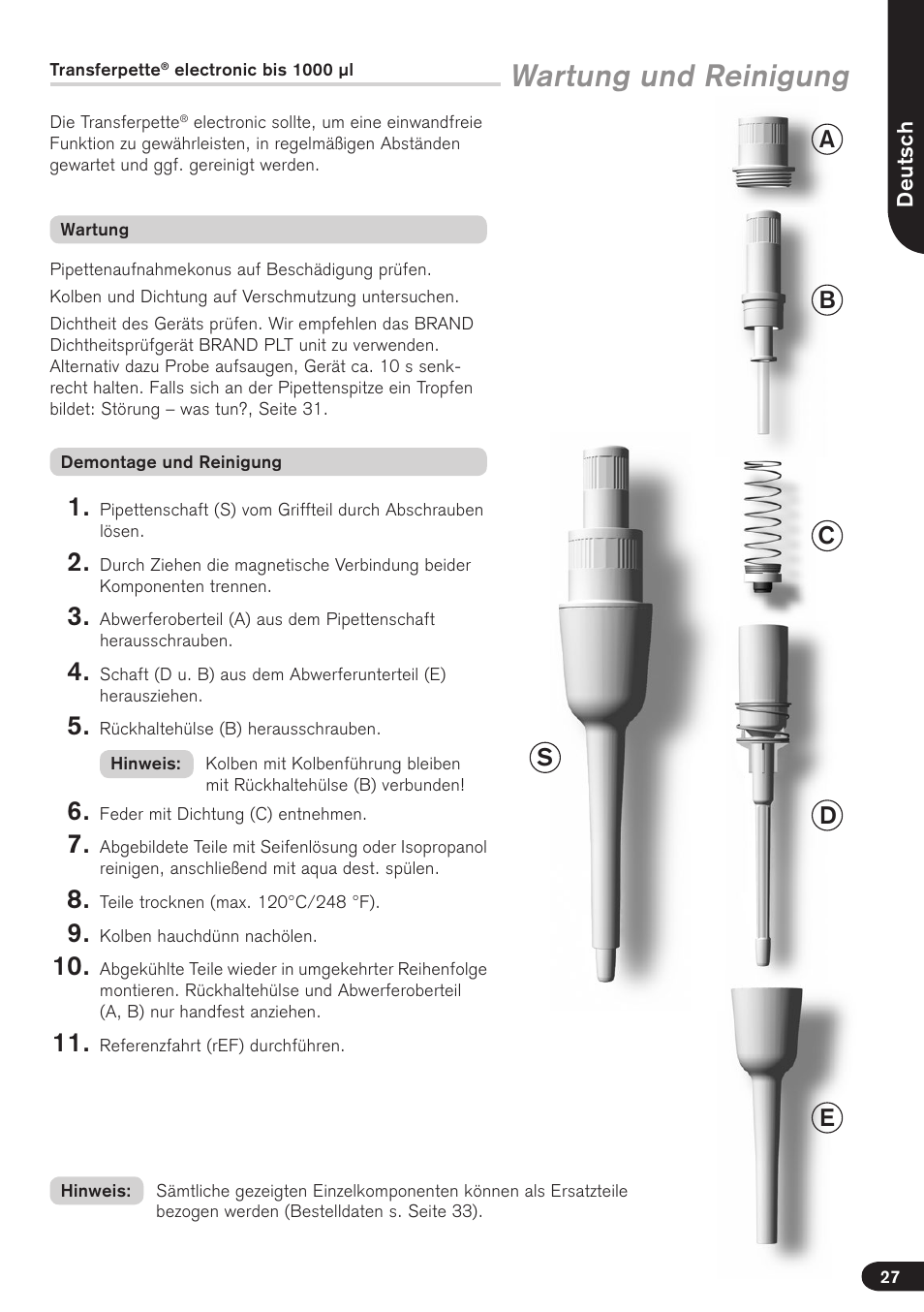 Wartung und reinigung | BrandTech Scientific Transferpette electronic User Manual | Page 27 / 175