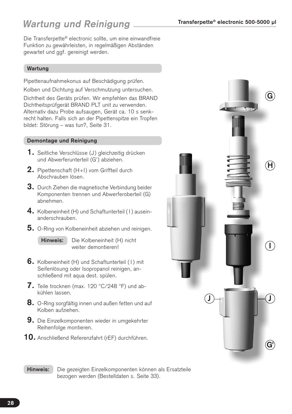 Wartung und reinigung, Gh i j g' j | BrandTech Scientific Transferpette electronic User Manual | Page 28 / 175