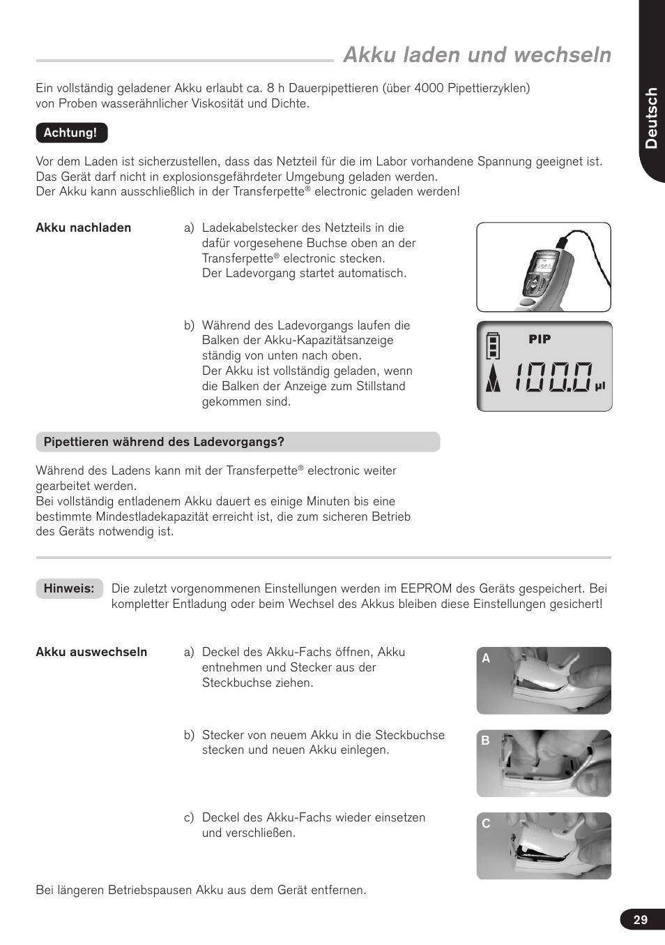 Akku laden und wechseln, Deutsch | BrandTech Scientific Transferpette electronic User Manual | Page 29 / 175