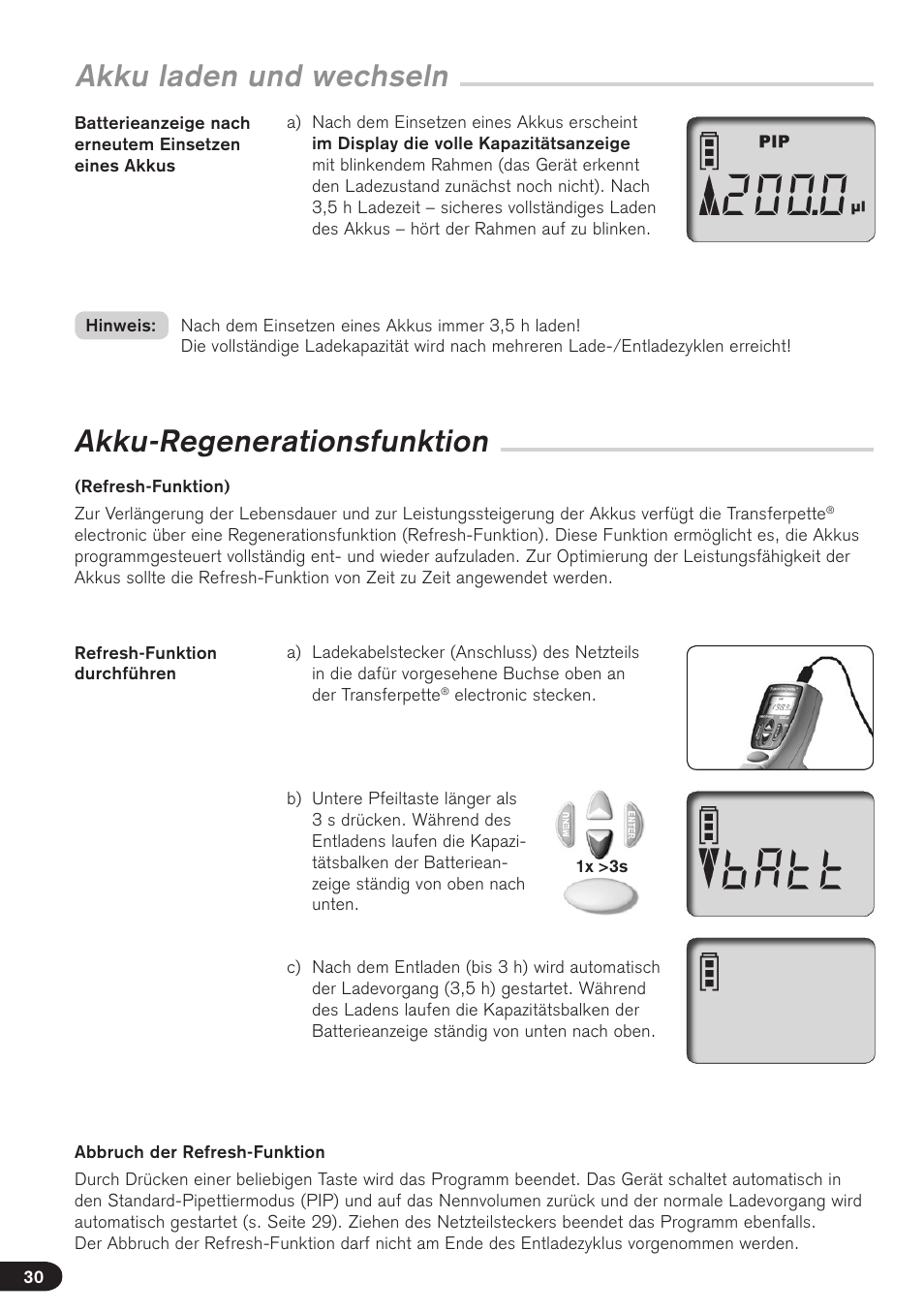 Akku laden und wechseln, Akku-regenerationsfunktion | BrandTech Scientific Transferpette electronic User Manual | Page 30 / 175