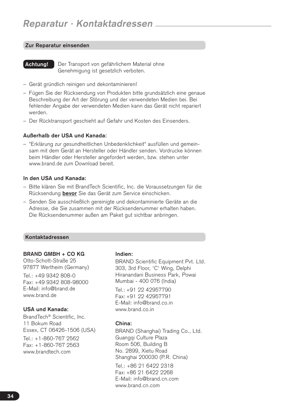Reparatur · kontaktadressen | BrandTech Scientific Transferpette electronic User Manual | Page 34 / 175