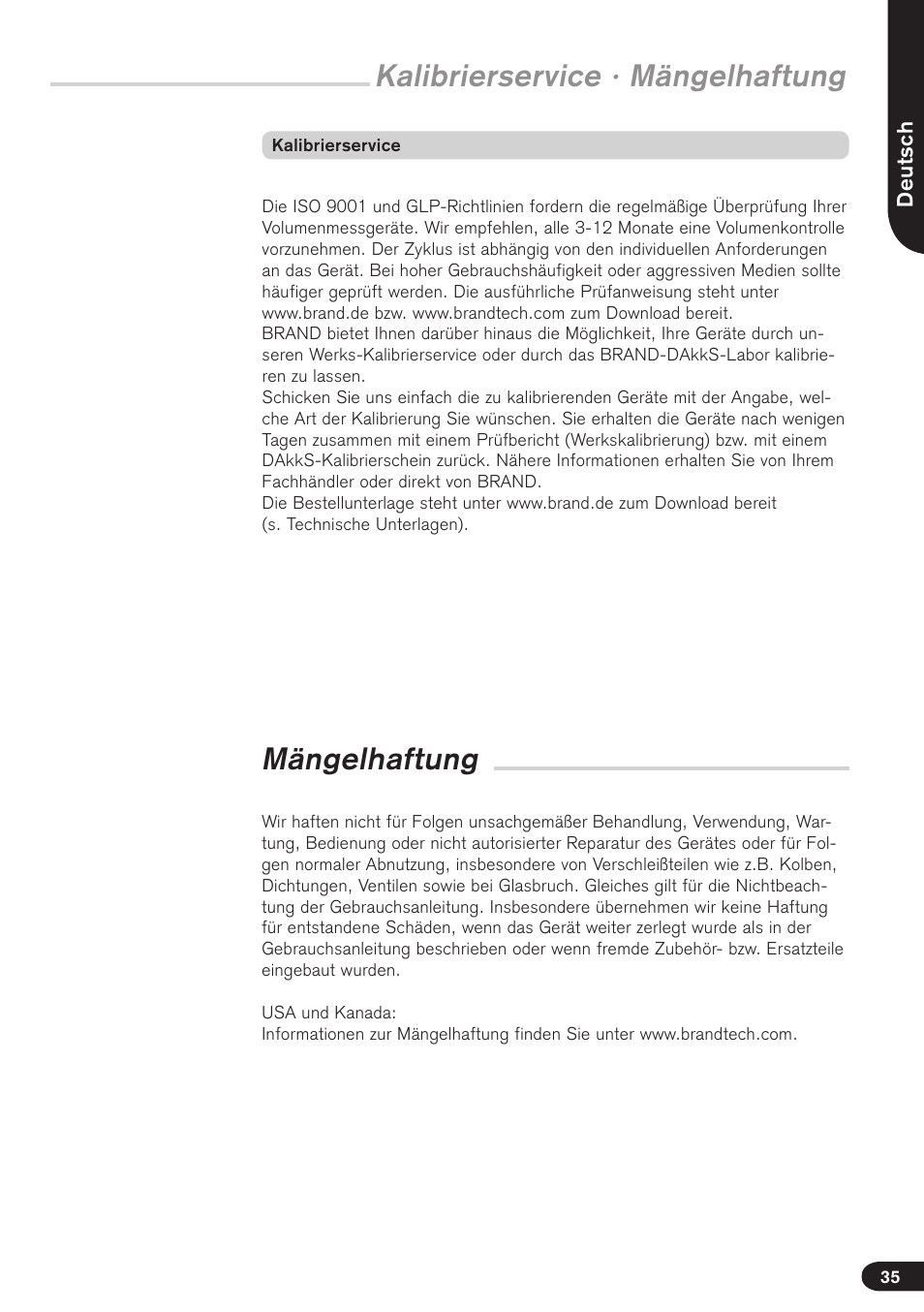 Kalibrierservice · mängelhaftung, Mängelhaftung | BrandTech Scientific Transferpette electronic User Manual | Page 35 / 175