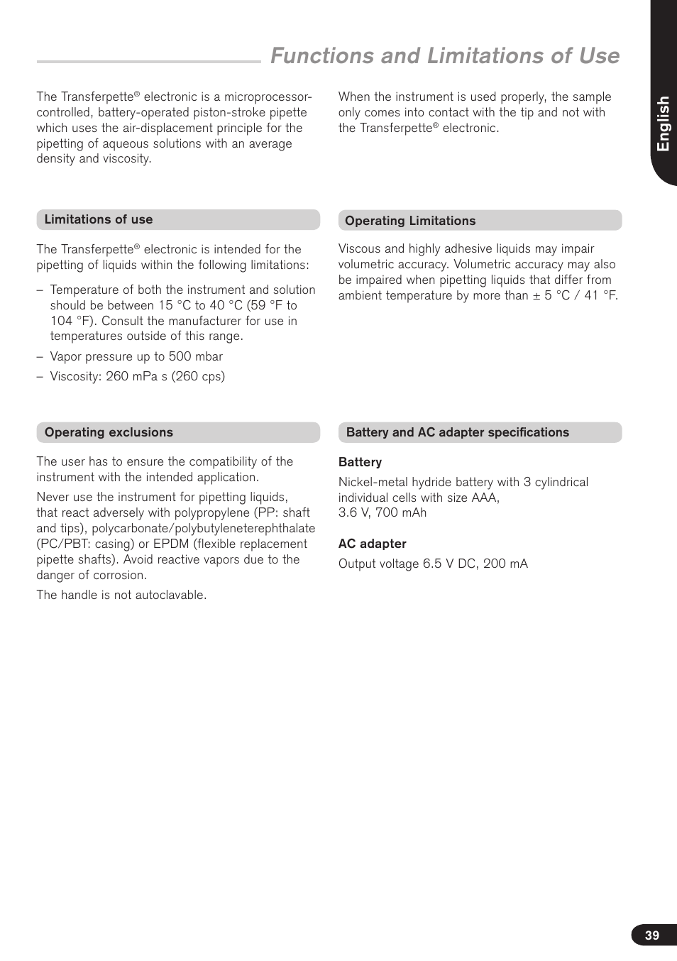 Functions and limitations of use, English | BrandTech Scientific Transferpette electronic User Manual | Page 39 / 175