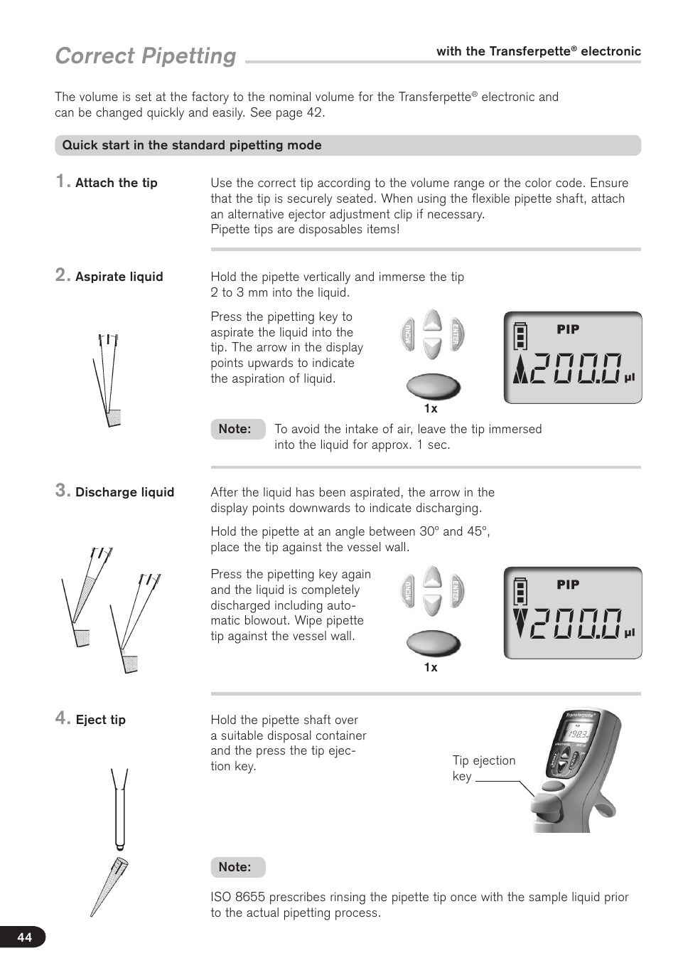 Correct pipetting | BrandTech Scientific Transferpette electronic User Manual | Page 44 / 175