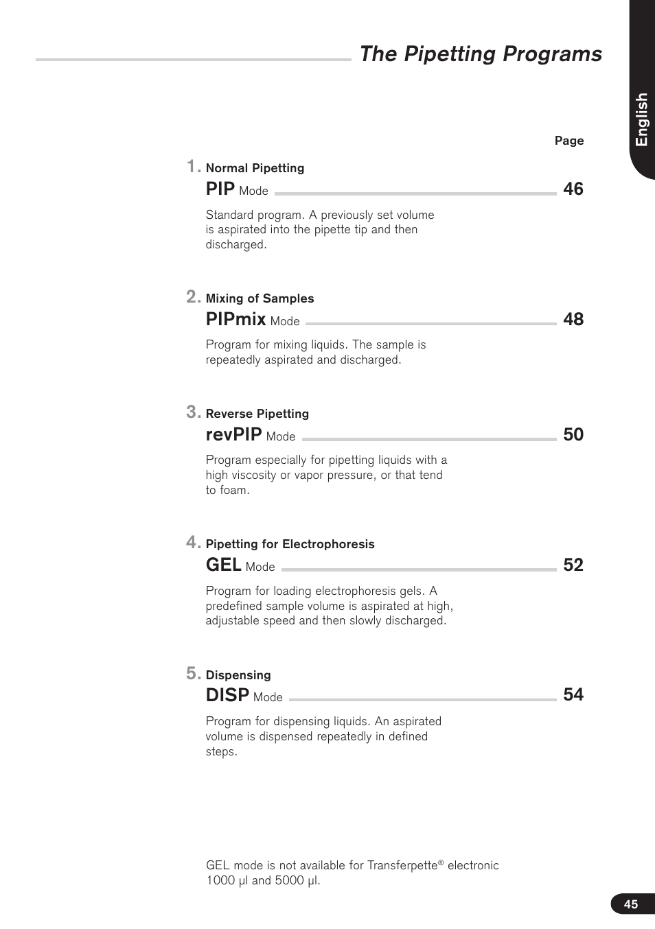 The pipetting programs, Pipmix, Revpip | Disp | BrandTech Scientific Transferpette electronic User Manual | Page 45 / 175