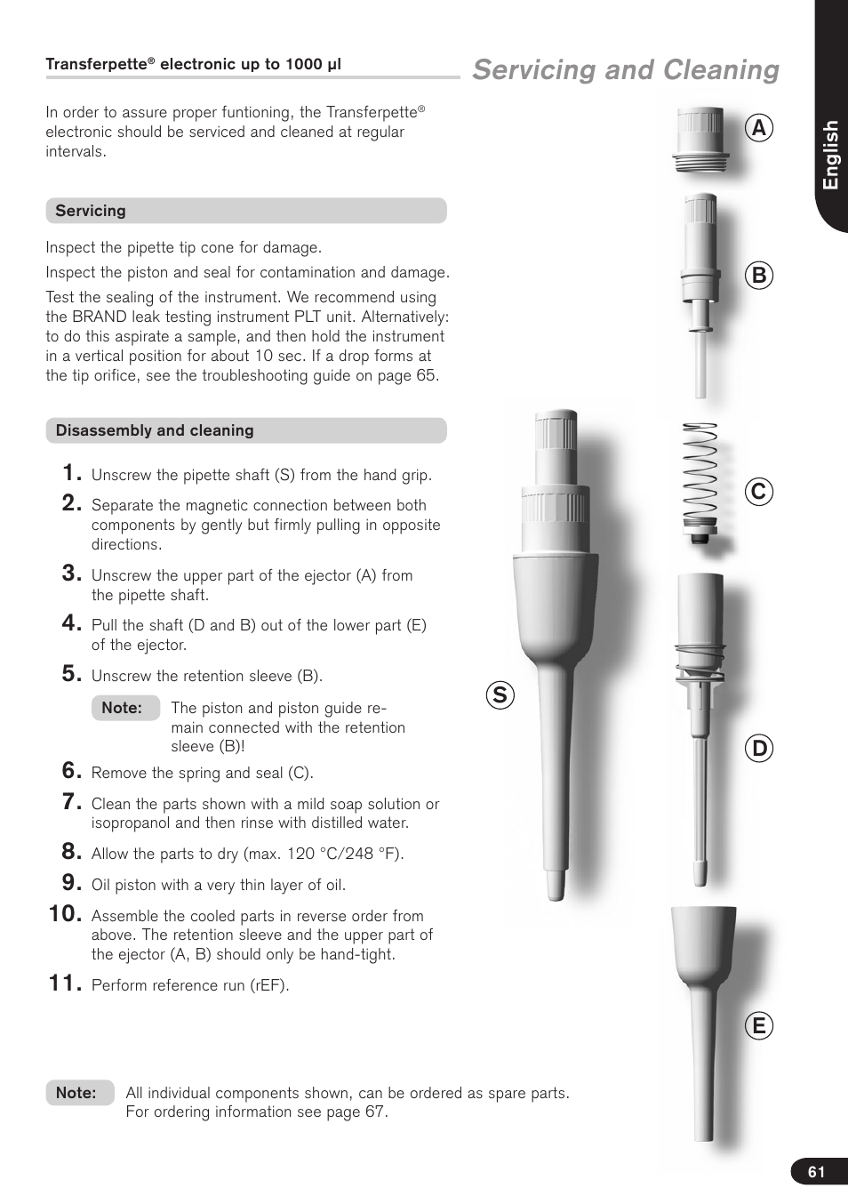 Servicing and cleaning | BrandTech Scientific Transferpette electronic User Manual | Page 61 / 175