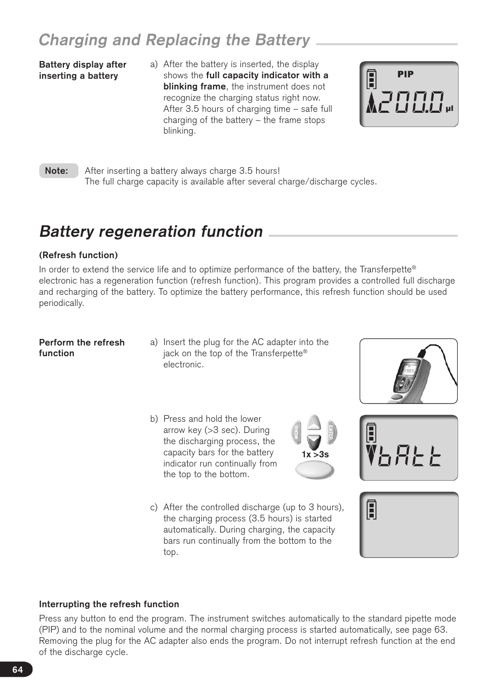 Charging and replacing the battery, Battery regeneration function | BrandTech Scientific Transferpette electronic User Manual | Page 64 / 175