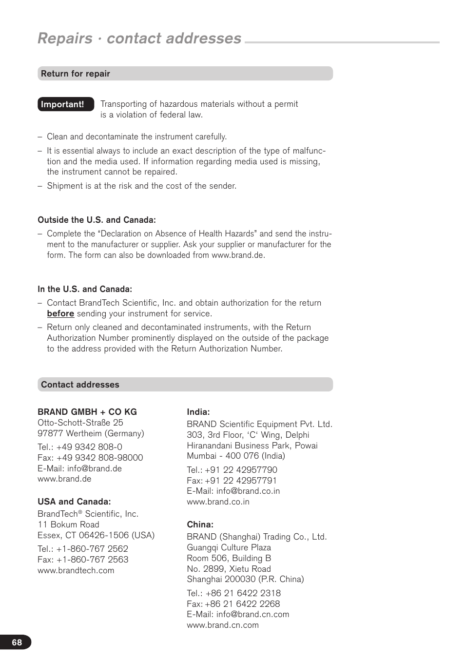 Repairs · contact addresses | BrandTech Scientific Transferpette electronic User Manual | Page 68 / 175