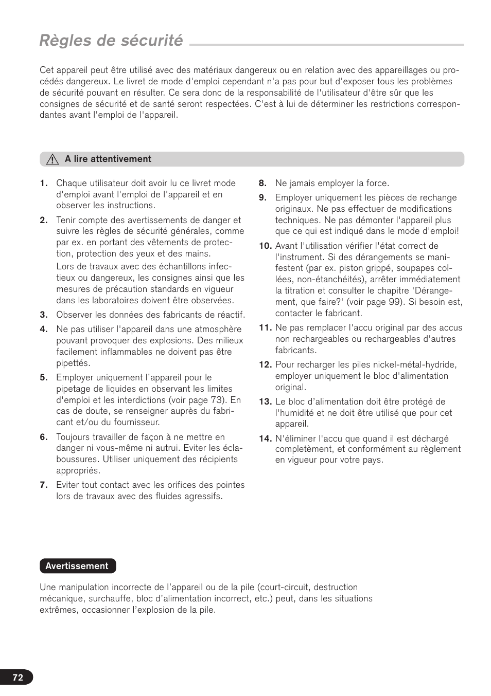 Règles de sécurité | BrandTech Scientific Transferpette electronic User Manual | Page 72 / 175