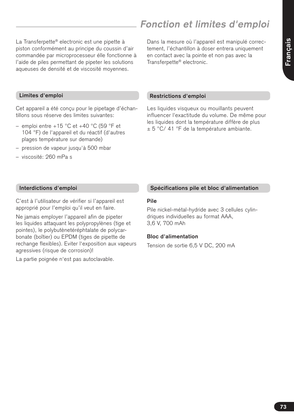 Fonction et limites d'emploi, Français | BrandTech Scientific Transferpette electronic User Manual | Page 73 / 175