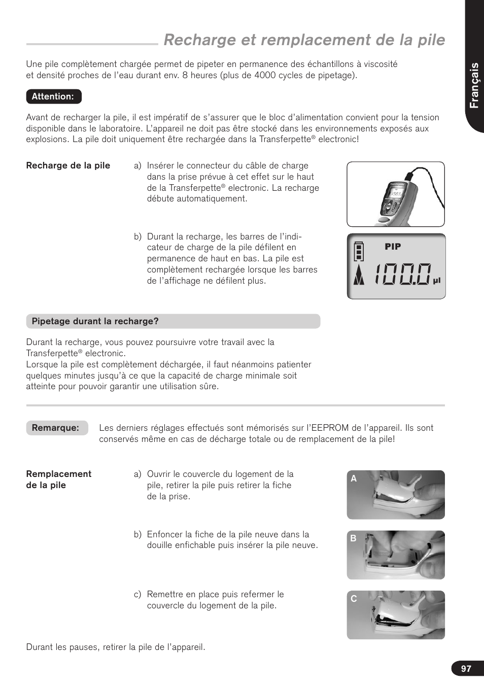 Recharge et remplacement de la pile, Français | BrandTech Scientific Transferpette electronic User Manual | Page 97 / 175